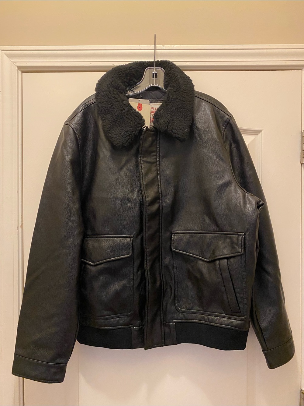 Levi's Black Faux Leather Bomber with Dark Sherpa Collar, L,XL,2X